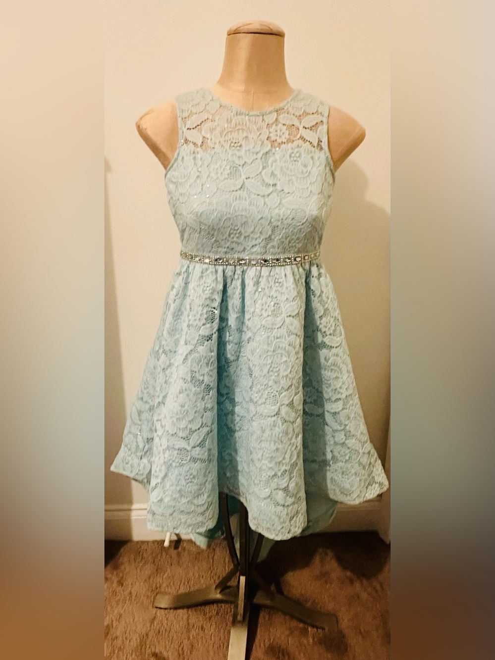 Rare Editions Girls Light Blue Lace Dress with Jeweled Waist